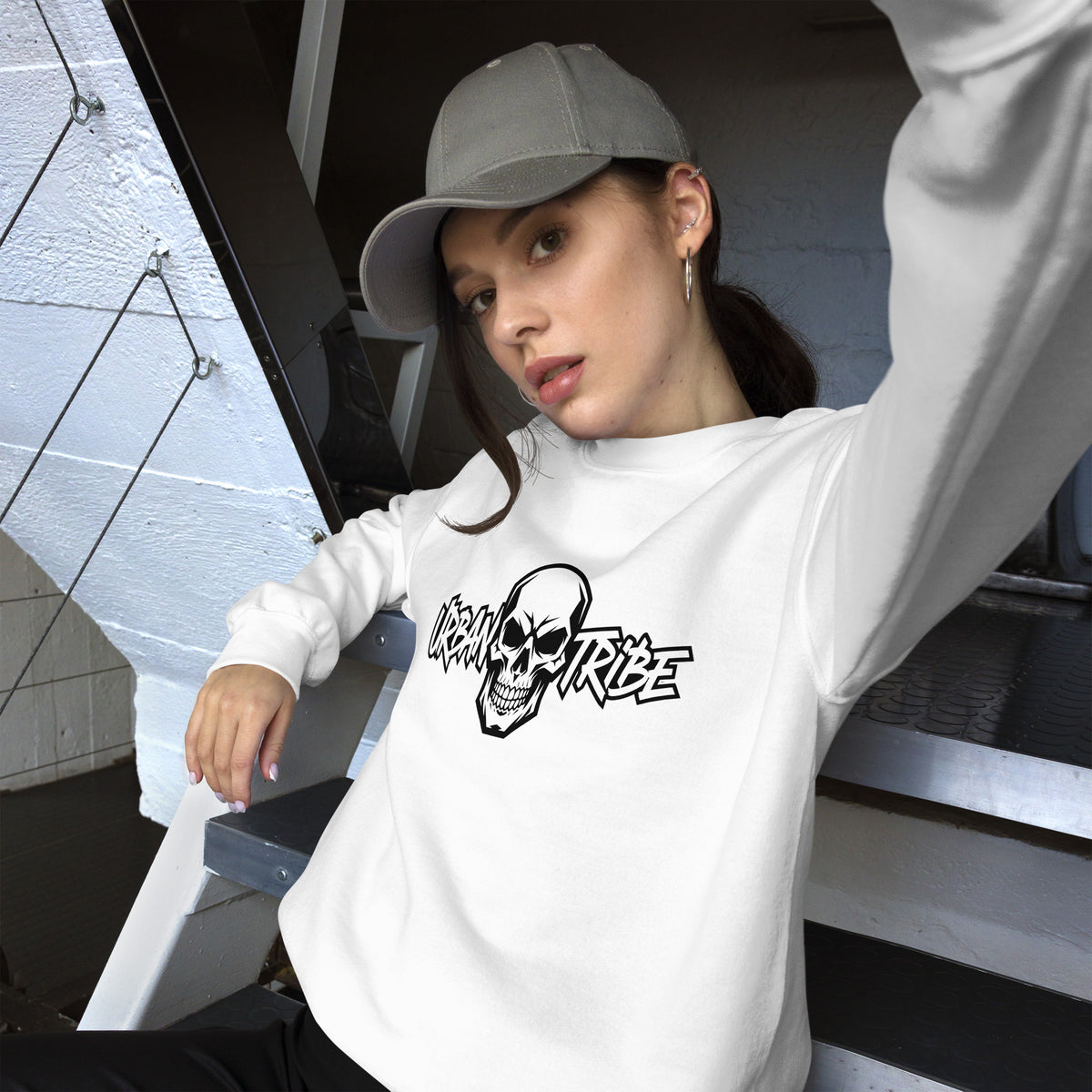 Make a statement with the Urban Tribe Skull Typography Lettering Sweatshirt, a standout layer for edgy casual looks and urban style.