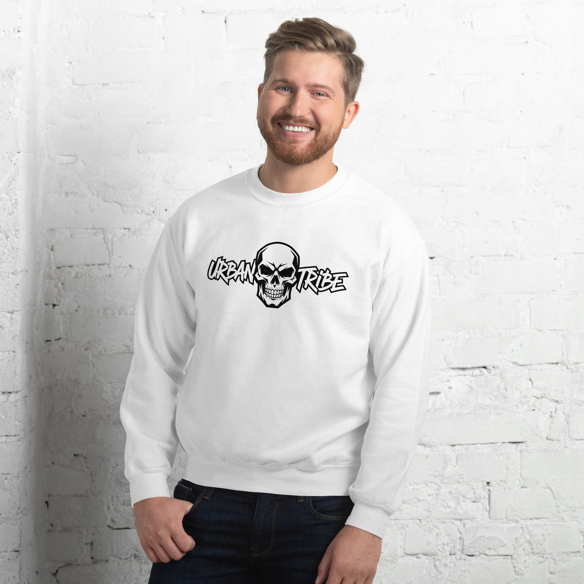 Purchase the Urban Tribe Skull Typography Lettering Sweatshirt—a striking graphic layer for casual outfits, streetwear looks, and self-expression.