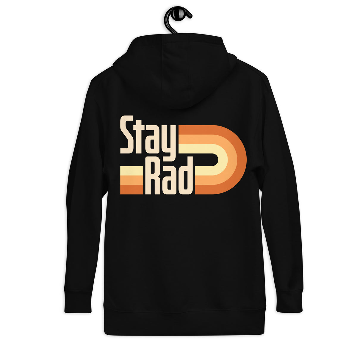 A black zip-up hoodie shown from the back, hanging on a black hanger against a plain white background. The back features a large retro graphic with the words 'Stay Rad' in beige and white, overlaid with a wavy orange, yellow, and beige striped design.