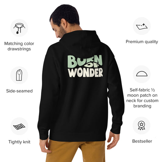 A man shown from the back wearing a black hoodie with a large 'BORN TO WONDER' graphic on the back. The image includes feature callouts around the model on a white background.