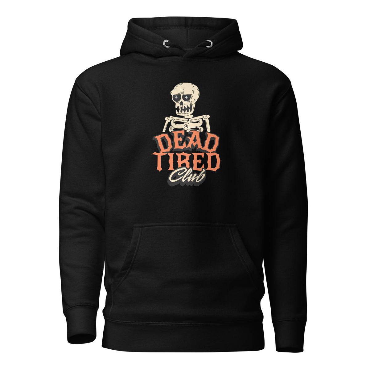 A black pullover hoodie featuring a graphic print of a skeleton holding a cigarette with the text 'DEAD TIED Club' in orange and white, shown against a plain white background.