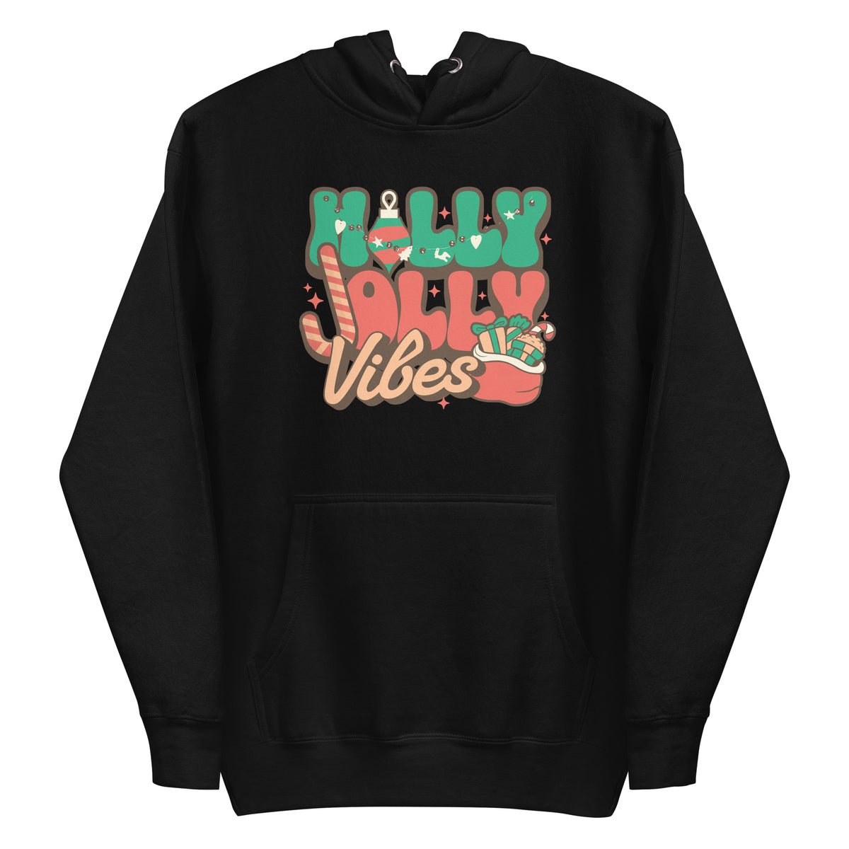 A black pullover hoodie with a colorful retro-style 'Holly Jolly Vibes' graphic on the chest, featuring candy cane, stocking, and gift illustrations, shown against a plain white background.