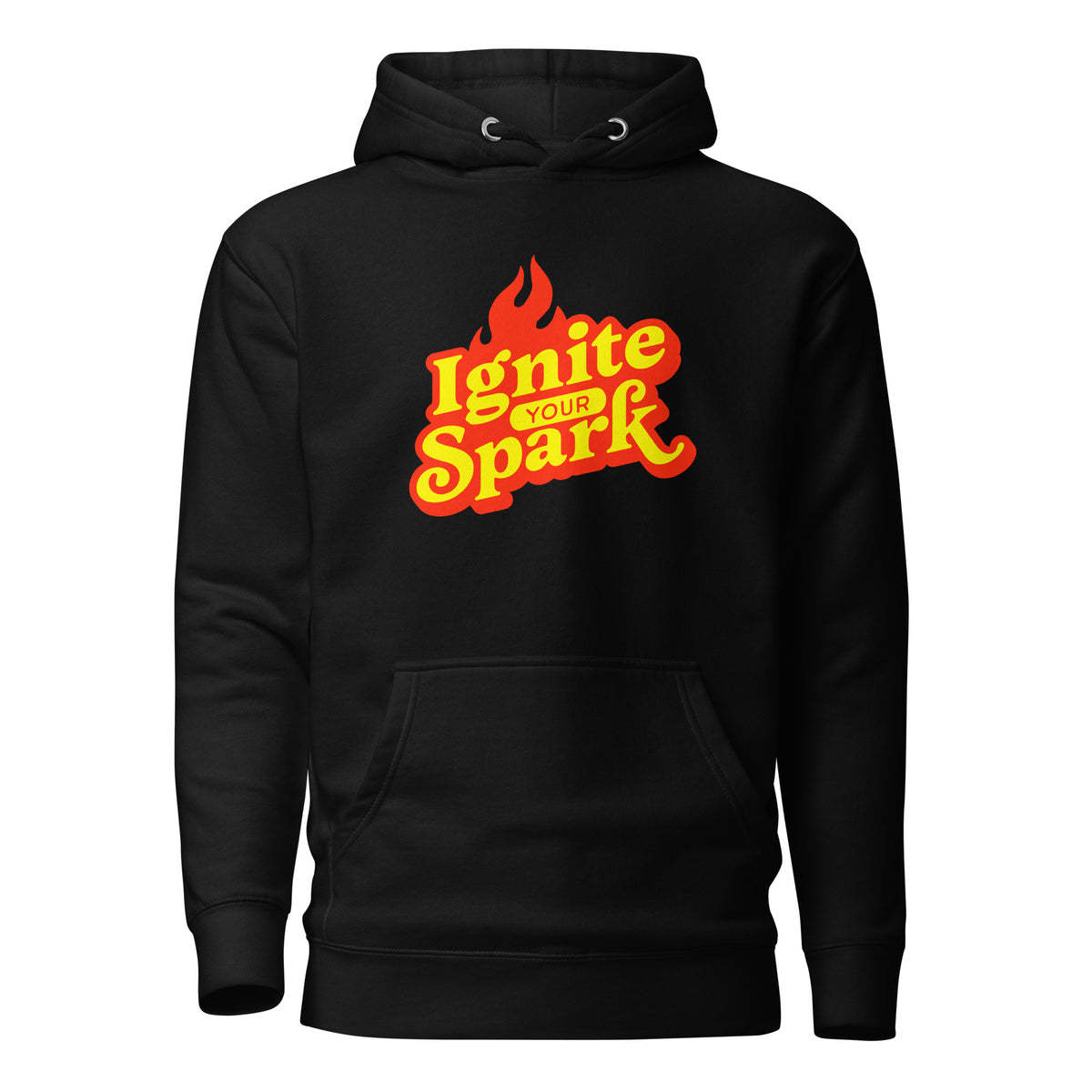 A black pullover hoodie with a front kangaroo pocket and a graphic on the chest that reads 'Ignite Your Spark' in yellow and orange lettering with a red flame above it, shown on a plain white background.
