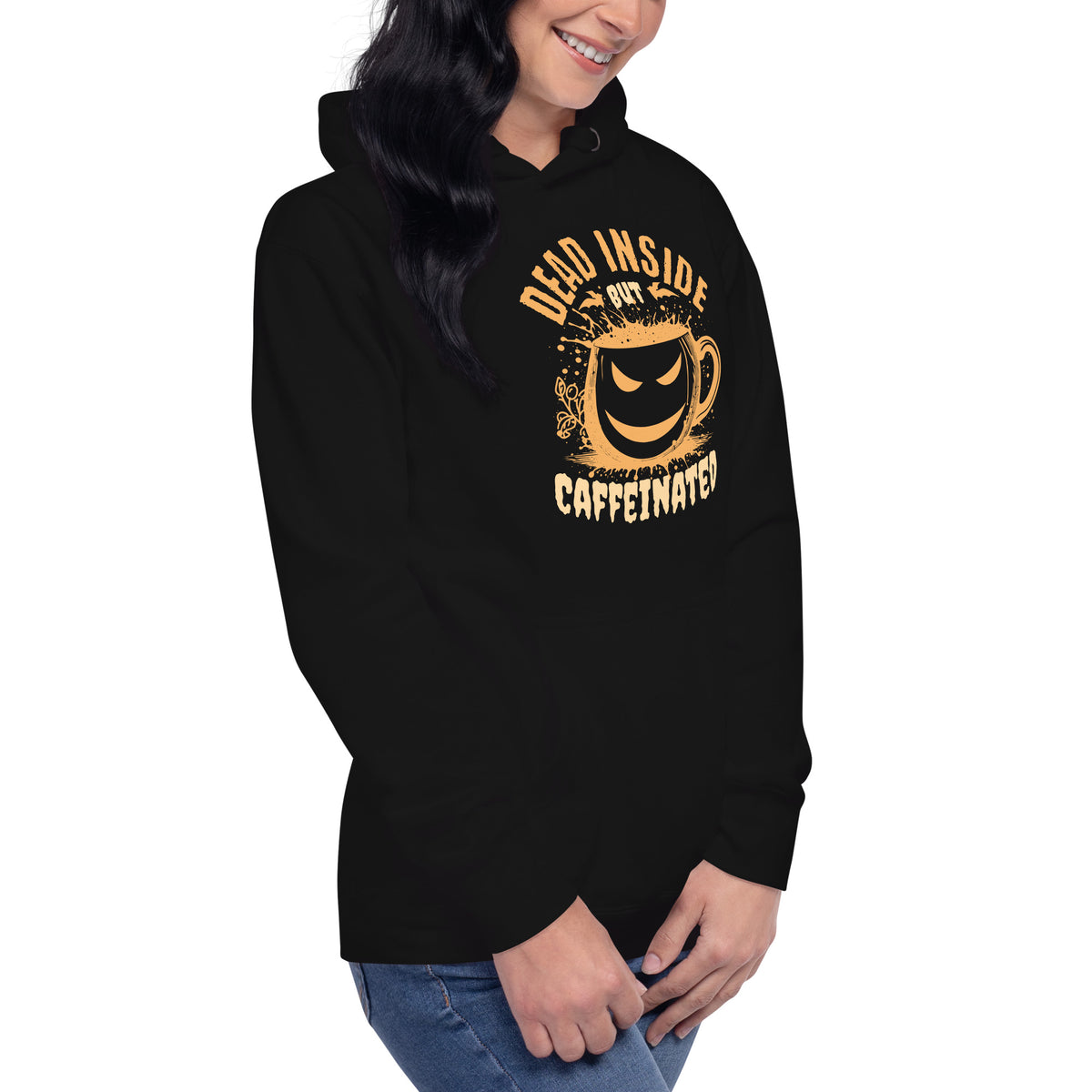 Buy Dead Inside But Caffeinated Coffee Humor Hoodie Casual Wear—soft, relatable apparel for coffee fans who thrive on sarcasm and espresso.