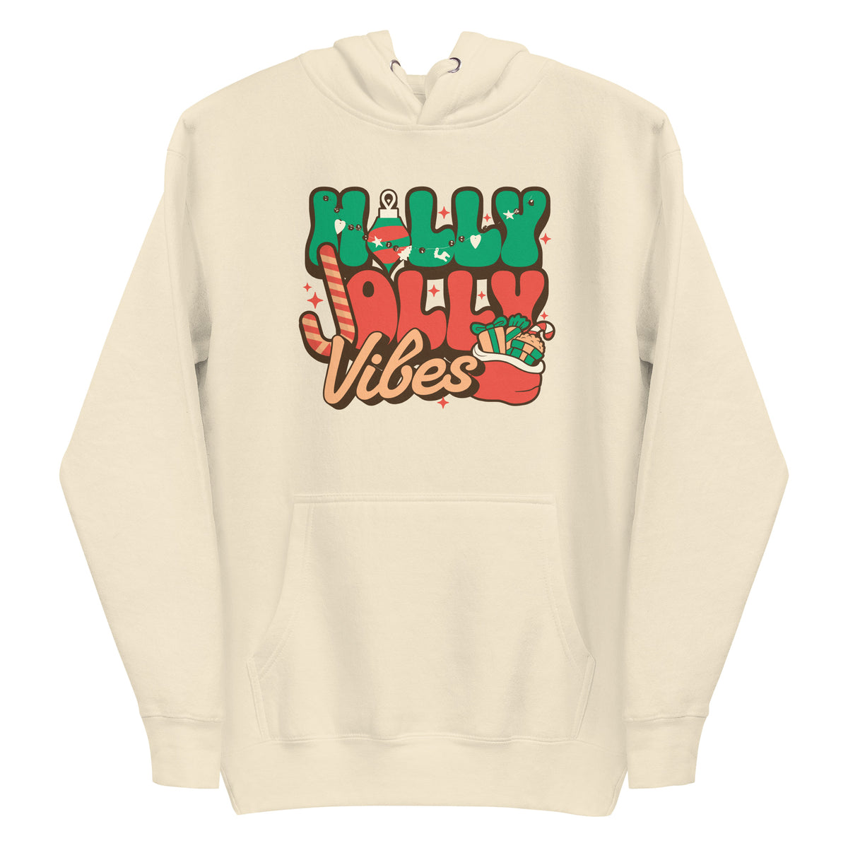An off-white hooded sweatshirt with a colorful 'Holly Jolly Vibes' graphic on the chest, displayed against a solid white background.