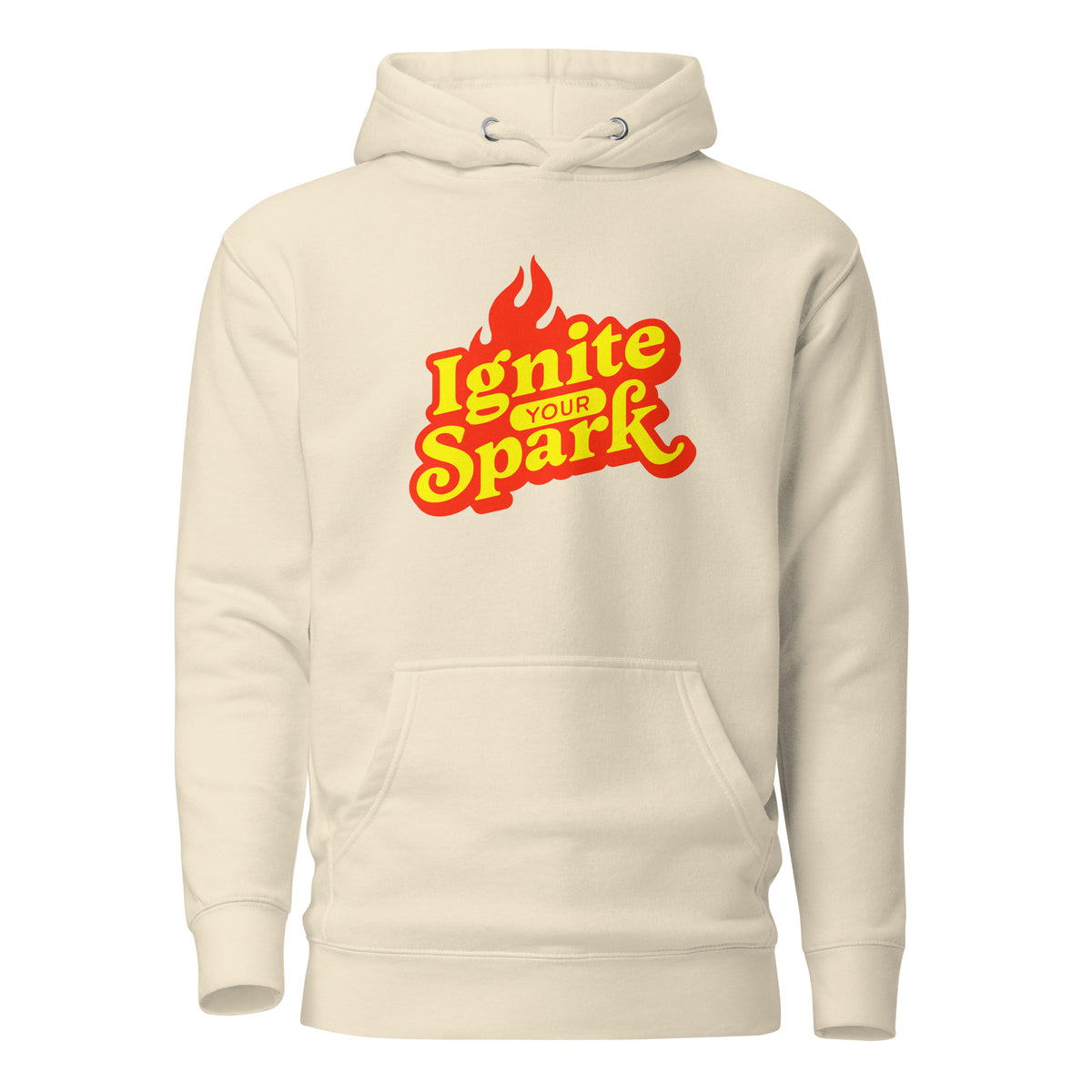 An off-white pullover hoodie with a front kangaroo pocket and a graphic on the chest that reads 'Ignite Your Spark' in yellow and red with a flame icon, shown on a plain white background.