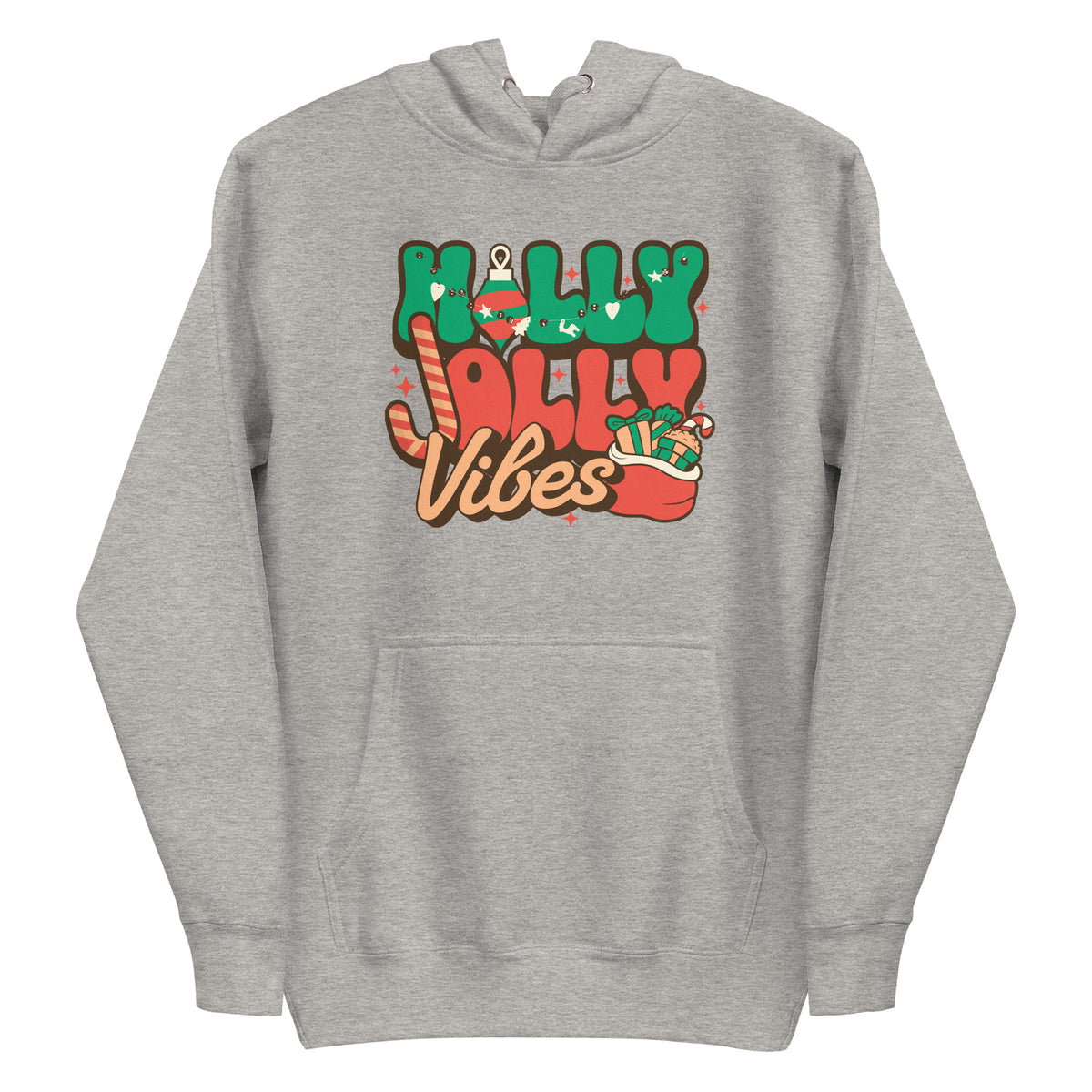 A heather gray pullover hoodie featuring a colorful retro-style graphic on the chest that reads 'Holly Jolly Vibes' with Christmas-themed illustrations, shown on a plain white background.