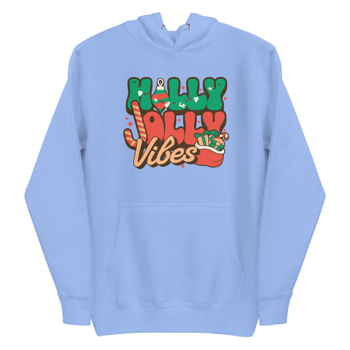 A light blue pullover hoodie with a colorful graphic on the chest that reads 'Holly Jolly Vibes' in festive green, red, orange, and brown lettering with holiday illustrations.