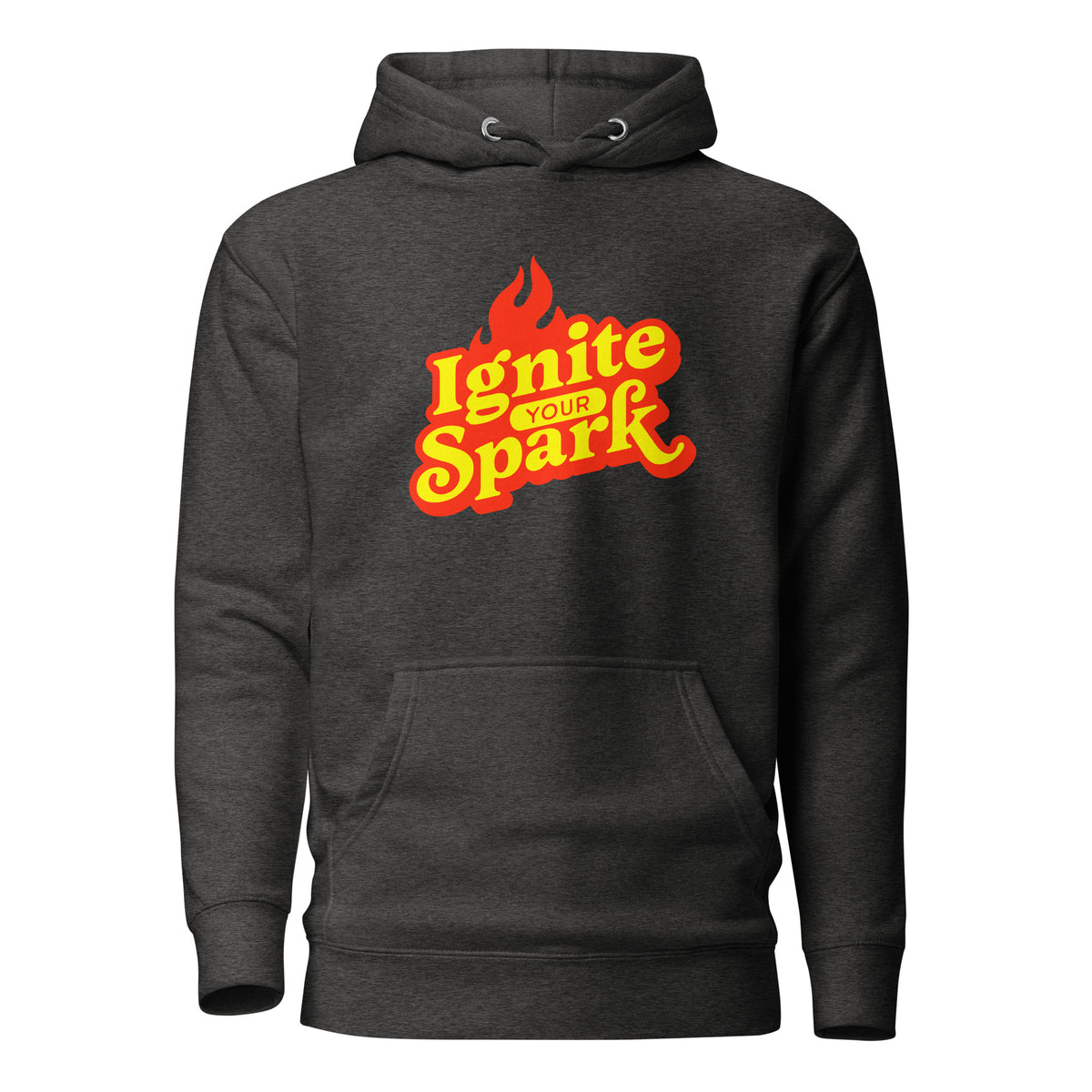 A dark heather gray pullover hoodie with a front kangaroo pocket and a graphic on the chest that reads 'Ignite Your Spark' in yellow and orange lettering with red flame details, shown on a plain white background.