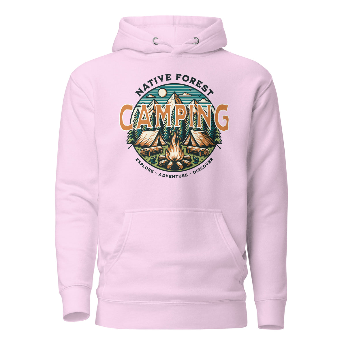 A light pink pullover hoodie with a large circular camping graphic on the chest. The graphic features the words 'NATIVE FOREST CAMPING' in stylized lettering over an illustration of a campfire, tents, mountains, and trees.
