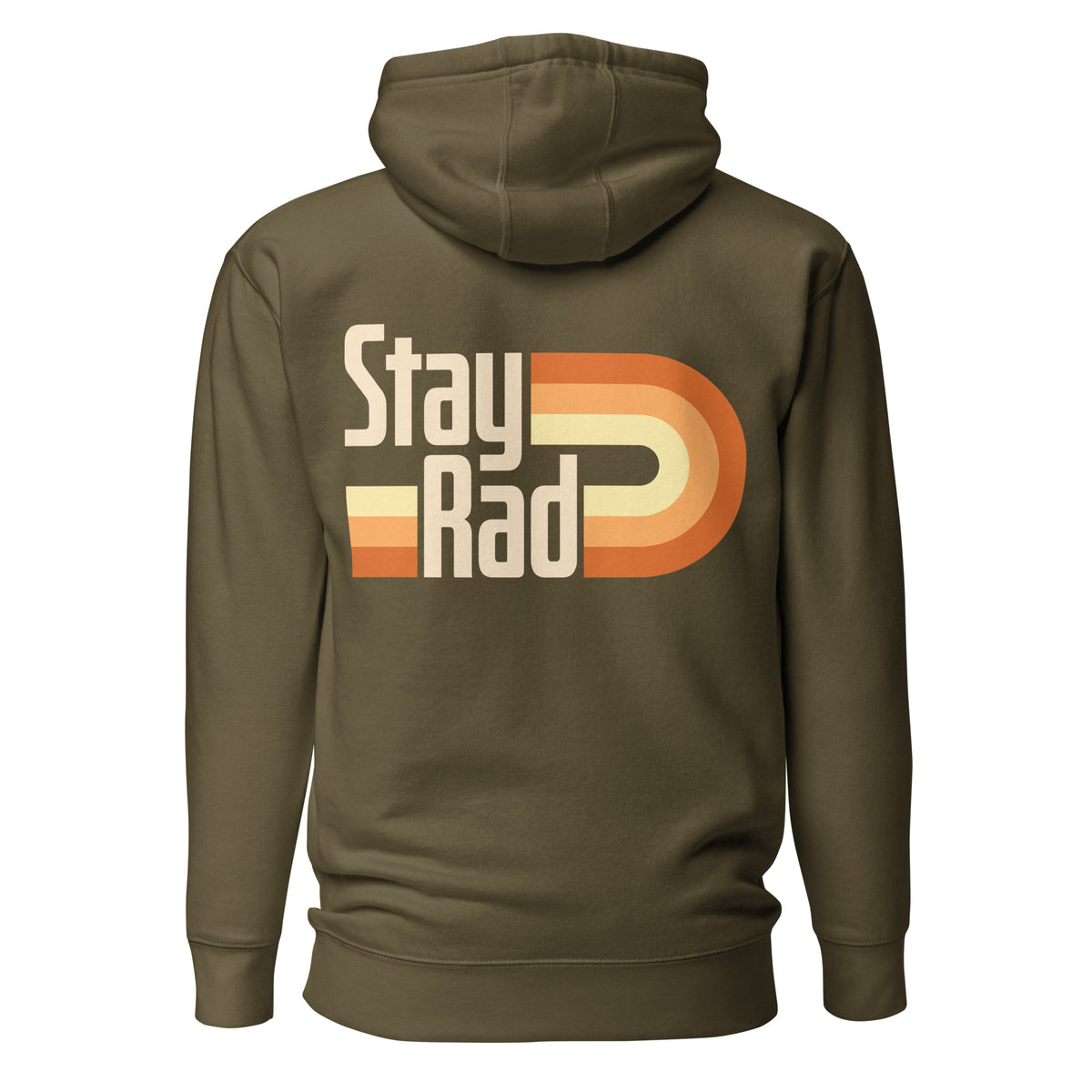 An olive green pullover hoodie shown from the back, featuring a retro-style graphic with the words 'Stay Rad' in beige over a wavy orange and cream striped design.