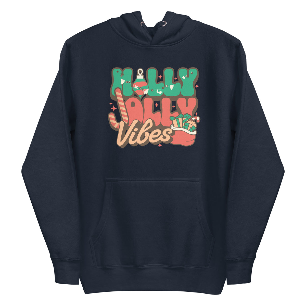 A navy blue pullover hoodie with a festive Christmas graphic on the chest that reads 'Holly Jolly Vibes' in green, orange, and beige retro lettering with candy cane and stocking illustrations.