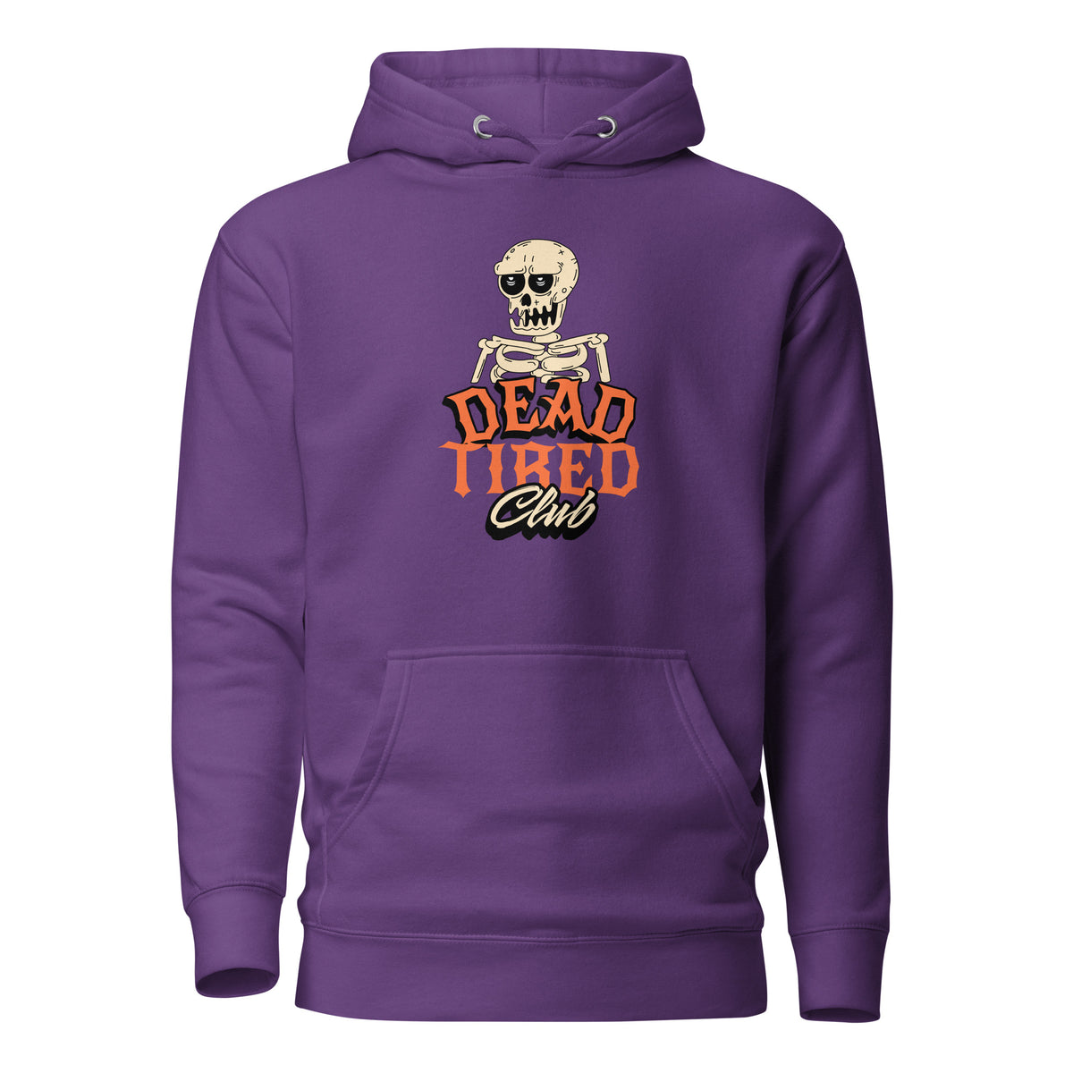 A purple pullover hoodie featuring a graphic of a skeleton holding up a sign that reads 'DEAD TIRED Club' in orange and black lettering, shown against a plain white background.