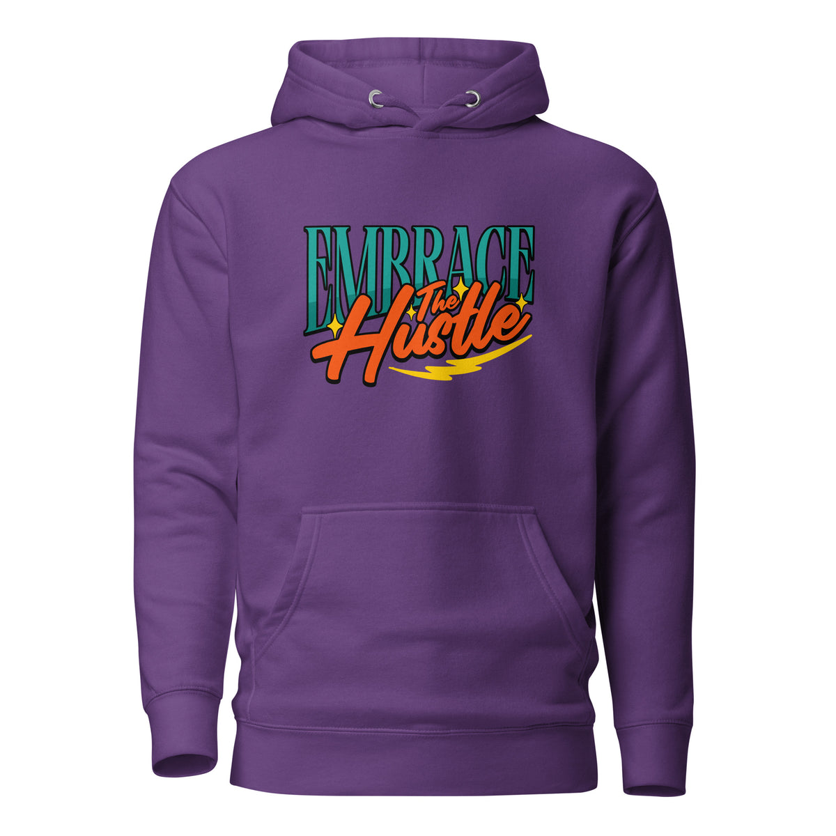 A purple pullover hoodie with a graphic on the chest reading 'EMBRACE the Hustle' in teal, orange, and yellow, shown on a plain white background.