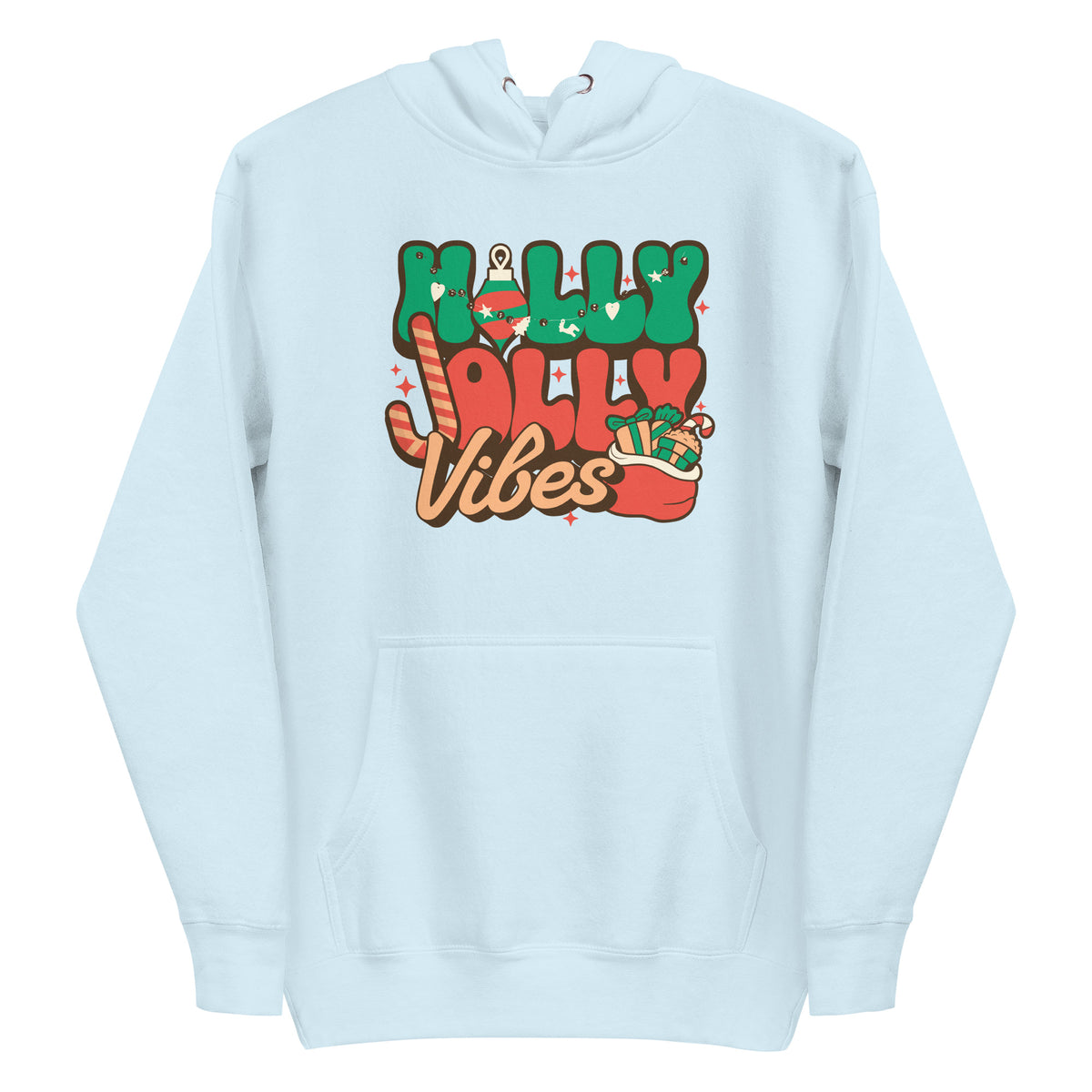 A light blue pullover hoodie with a festive 'Holly Jolly Vibes' graphic on the chest, featuring green, red, and brown holiday-themed lettering with candy cane and Santa motifs.