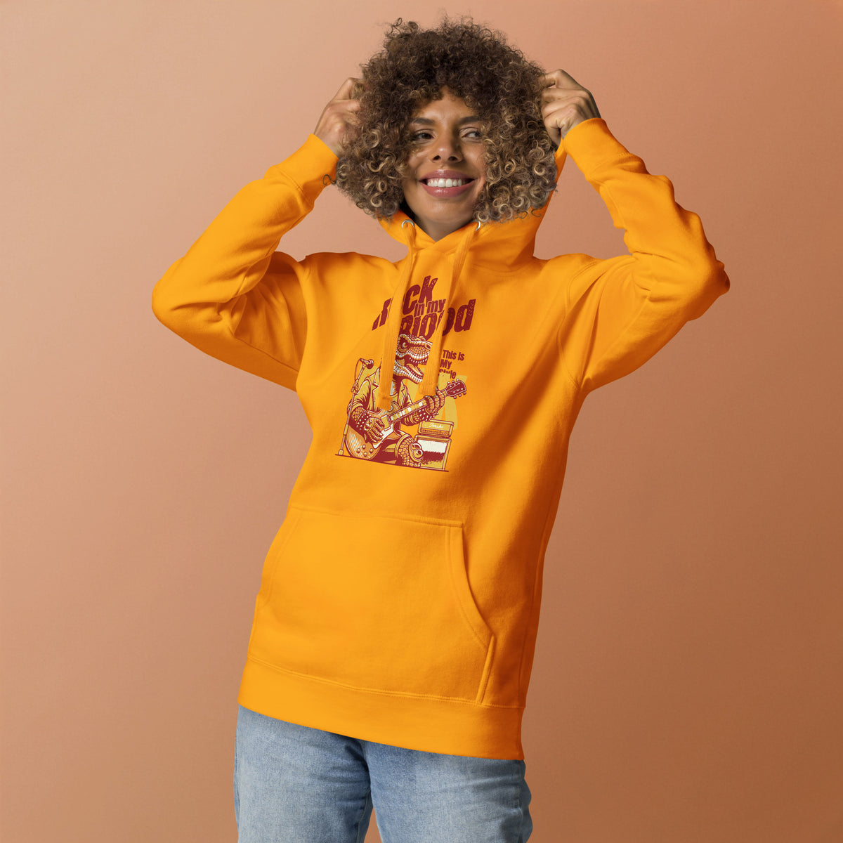 Buy Rock in my Blood Rocker T-Rex Unisex Hoodie Sale—shop a bold, comfy graphic hoodie for music fans. Limited-time savings await.