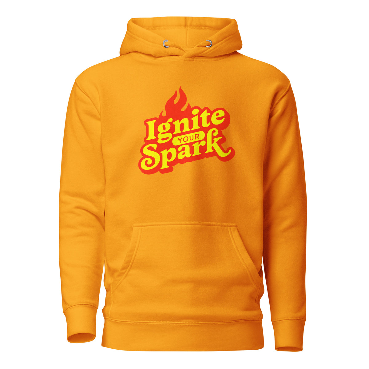 A bright orange pullover hoodie with a front kangaroo pocket and a graphic on the chest that reads 'Ignite Your Spark' in yellow and red with a flame icon, shown on a plain white background.