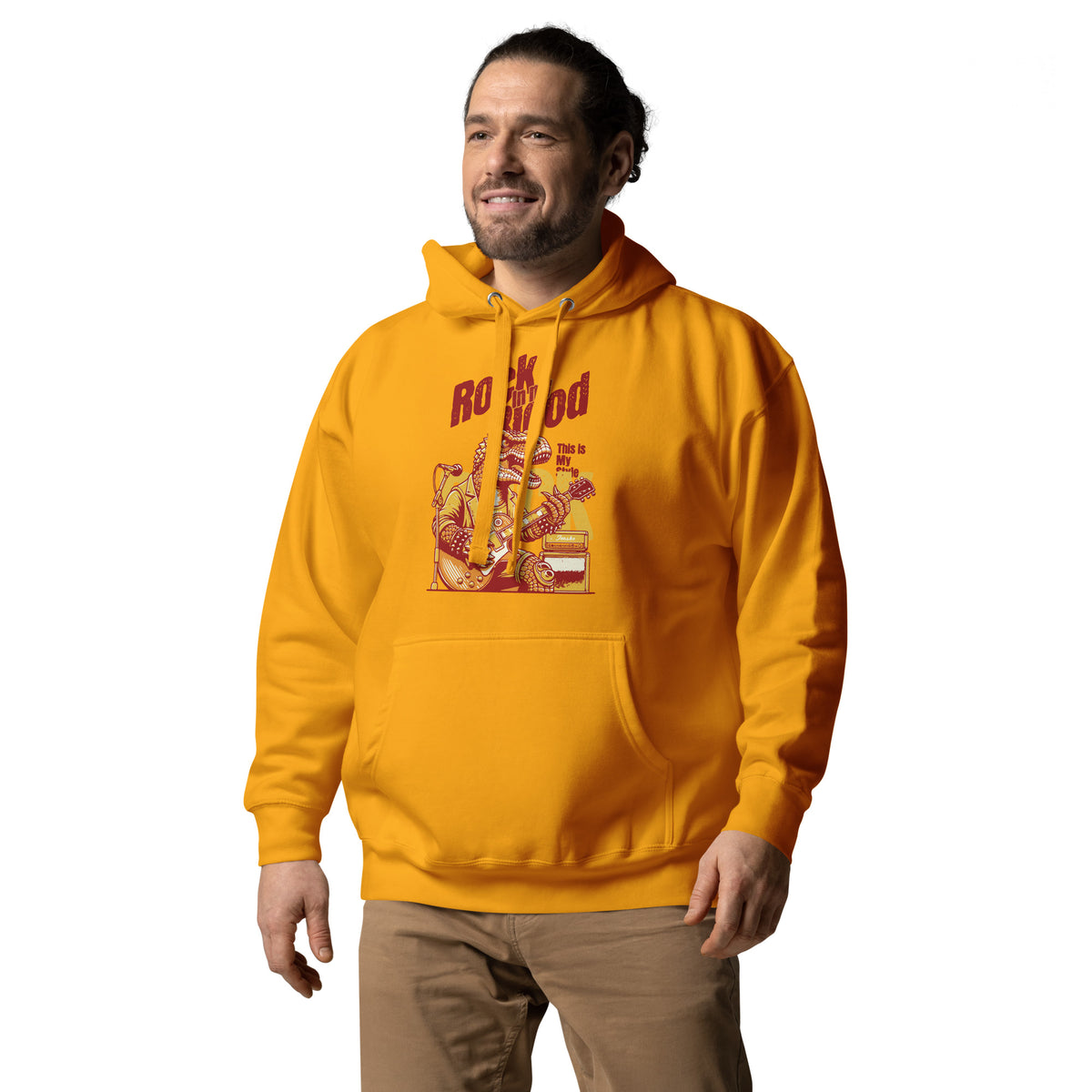 Buy Rock in my Blood Rocker T-Rex Unisex Hoodie Sale today and add a rebellious graphic essential to your casual wardrobe now.