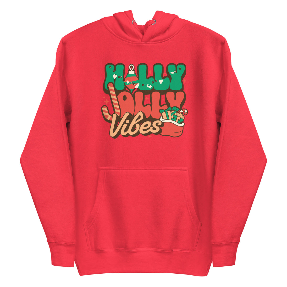 A red pullover hoodie with a festive graphic on the chest that reads 'Holly Jolly Vibes' in green, orange, and tan lettering with holiday illustrations, shown on a plain white background.