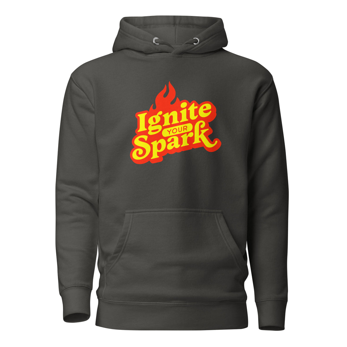A dark charcoal gray pullover hoodie featuring a vibrant graphic on the chest that reads 'Ignite Your Spark' in yellow and red stylized lettering with a flame icon above it, set against a plain white background.