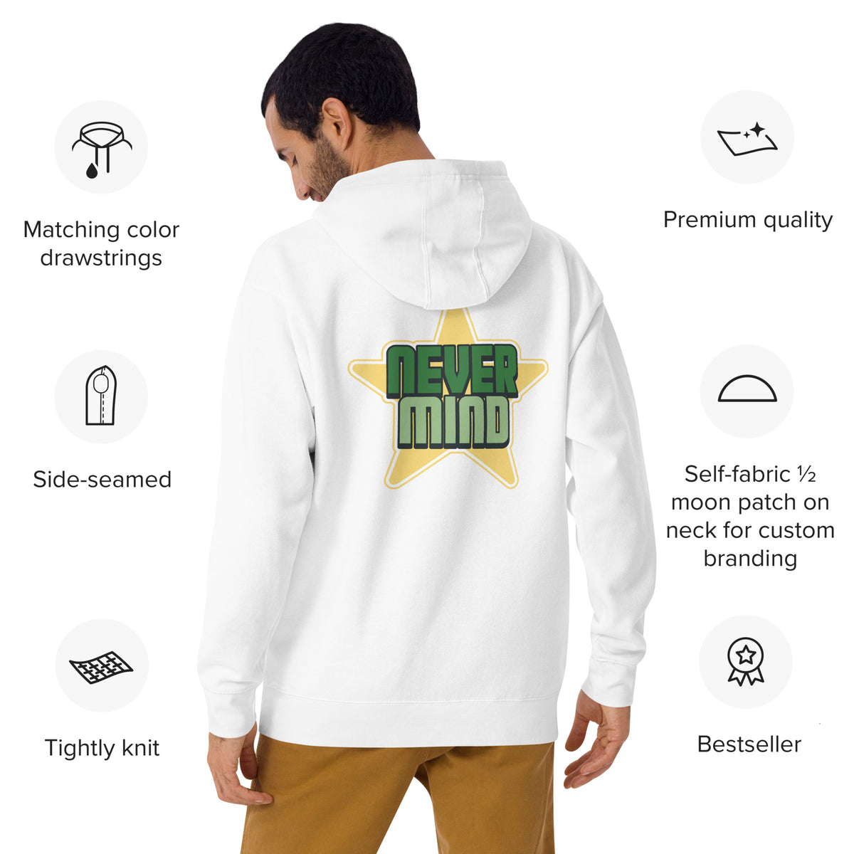 A man shown from the back wearing a white hoodie with a large green and yellow star graphic reading 'NEVER MIND' on the back. The image includes feature callouts around the model on a white background.
