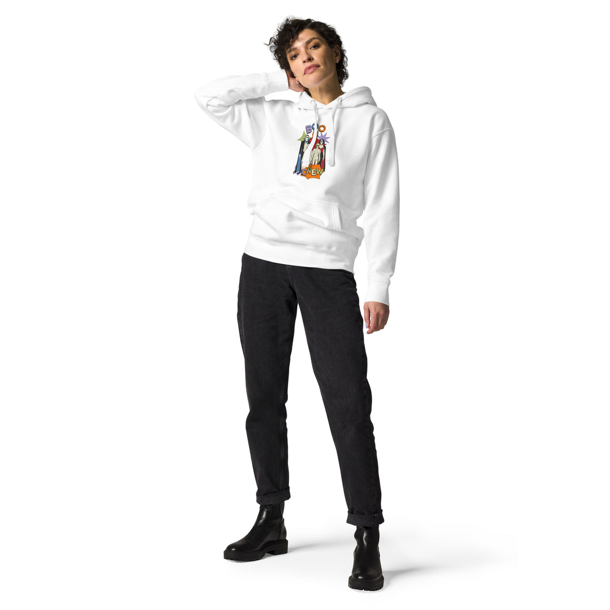 Buy online Gothic Boo Crew Halloween Graphic Hoodie for Festive Wear, blending spooky style, cozy comfort, and bold seasonal flair.