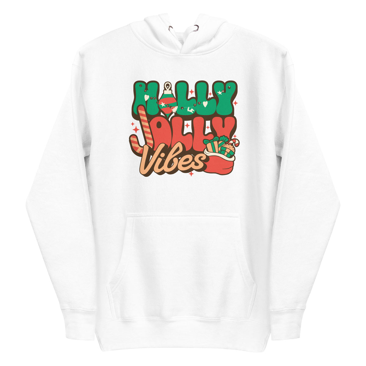 A white pullover hoodie with a colorful 'Holly Jolly Vibes' graphic on the chest, featuring green, red, and brown festive lettering with candy cane and gift illustrations.