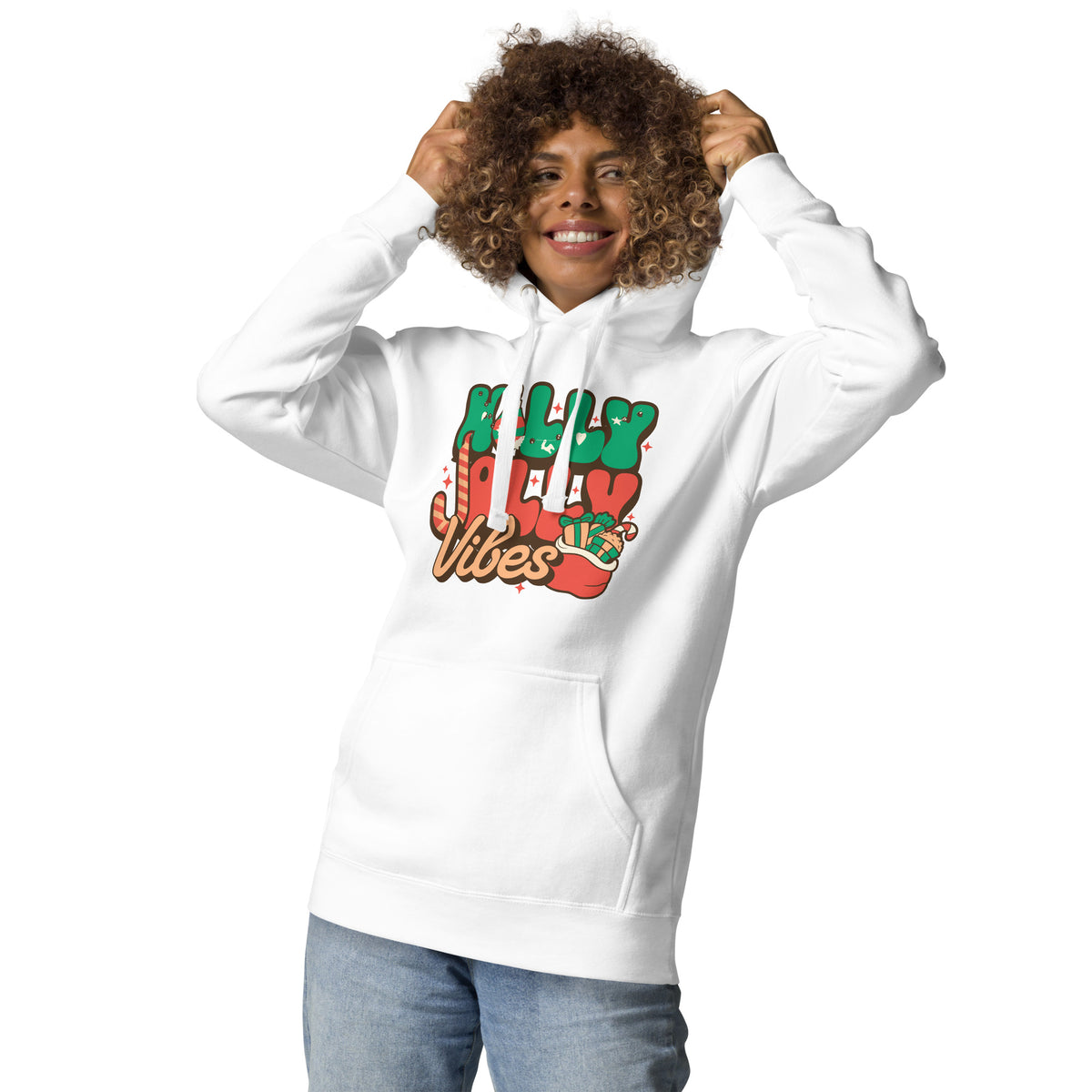 Get into the holiday spirit with our Holly Jolly Vibes Christmas Graphic Hoodie! This cozy hoodie features festive designs that radiate cheer and warmth, perfect for holiday gatherings or cozy nights by the fire. Made from soft, high-quality fabric, it offers comfort and style. Spread joy and make a statement this season! Available in various sizes for everyone to enjoy.