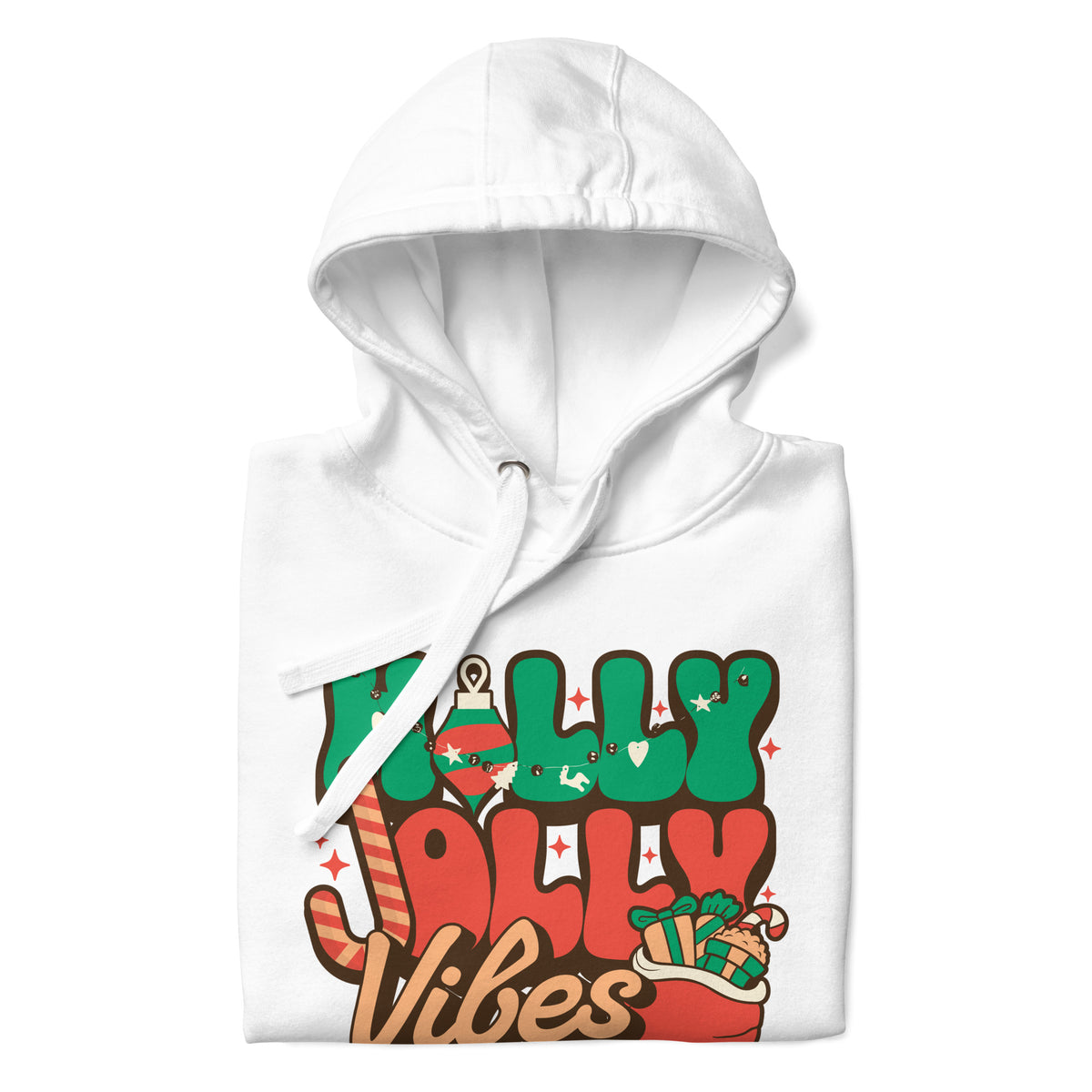 A white pullover hoodie with a colorful graphic print reading 'Holly Jolly Vibes' in green and red lettering, decorated with Christmas motifs like candy canes, stockings, and stars.