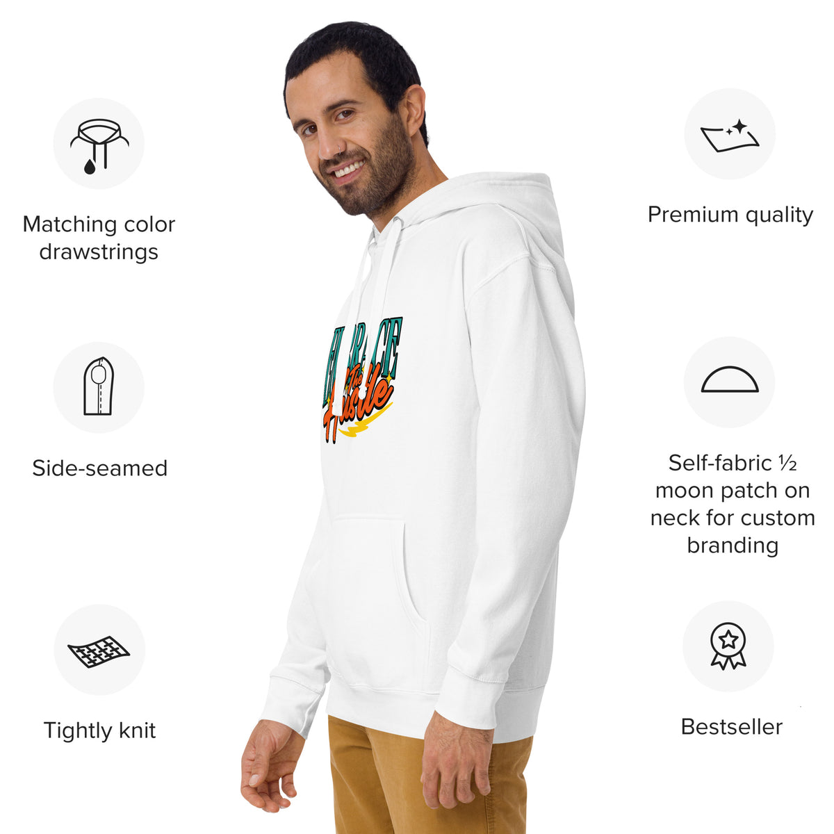 Level up your casual wardrobe with the Embrace The Hustle Graphic Unisex Hoodie, a comfortable, inspiring layer for every day.