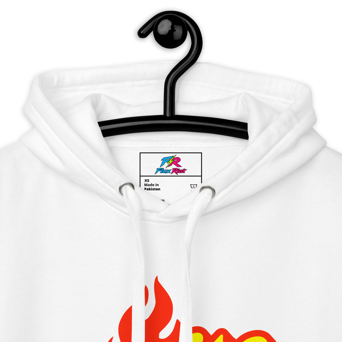 White pullover hoodie hanging on a black plastic hanger against a white background, with white drawstrings and a partial red and yellow flame graphic at the bottom. A small interior neck label is visible.