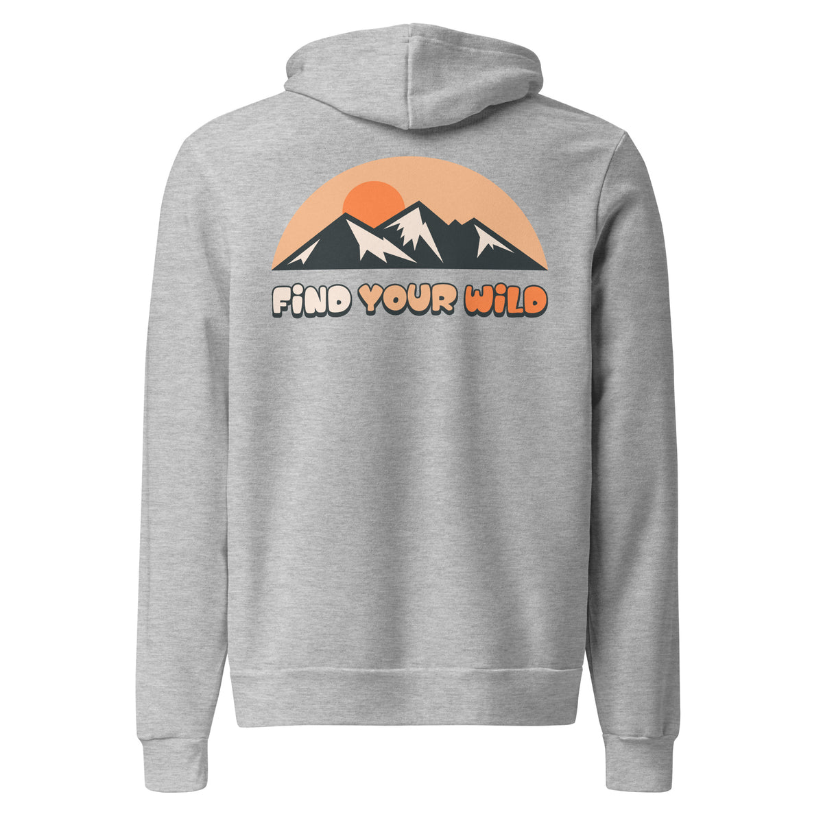 A heather gray pullover hoodie shown from the back, featuring a retro-style mountain and sun graphic with the text 'FIND YOUR WILD' in orange and white.