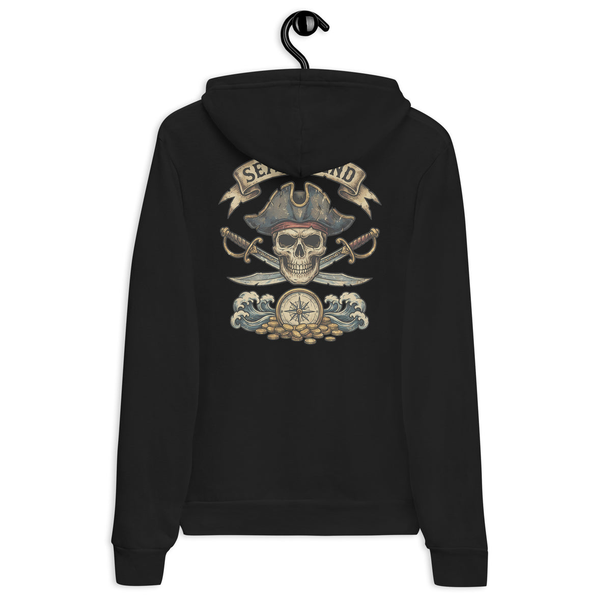 Make waves in the Pirate Skull Sea Legend Graphic Pullover Hoodie, a standout layer for fans of maritime-inspired streetwear.