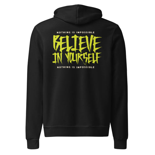 A black pullover hoodie shown from the back, featuring a large graphic print in yellow and white text that reads 'NOTHING IS IMPOSSIBLE BELIEVE IN YOURSELF'.