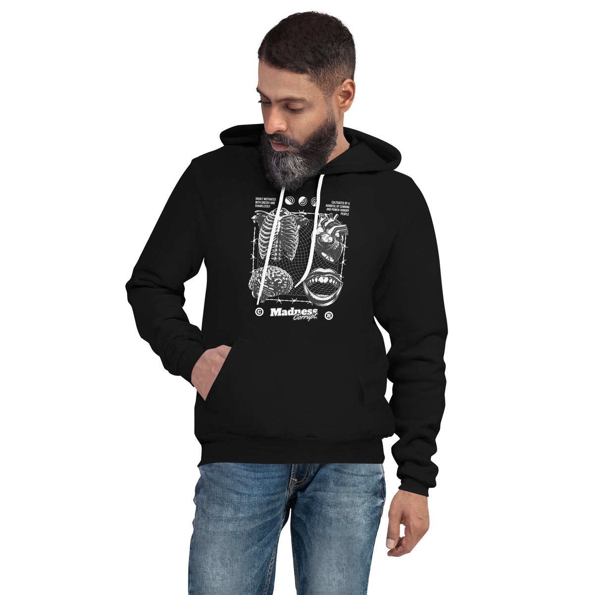 The Madness Corrupt Anatomy Graphic Hoodie merges edgy style with striking visuals. Featuring intricate anatomical designs, it embodies a fusion of art and fashion. Made from cozy, high-quality fabric, this hoodie offers comfort and warmth while making a bold statement. Perfect for those who dare to express their individuality, it’s a must-have for any streetwear enthusiast. Embrace the madness in style!