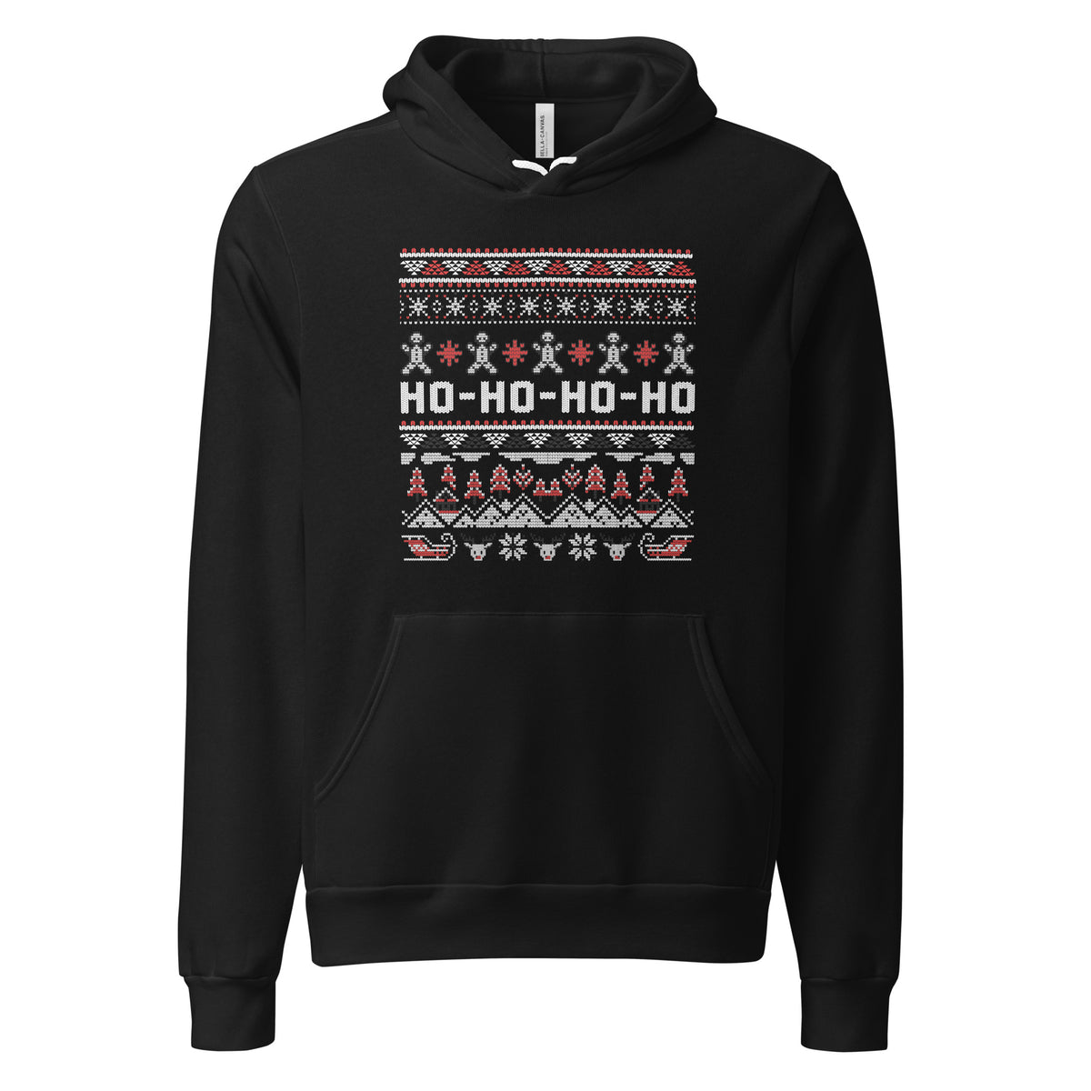 A black pullover hoodie featuring a festive Christmas-themed graphic print on the chest with the text 'HO-HO-HO-HO' and holiday patterns in red, white, and gray.
