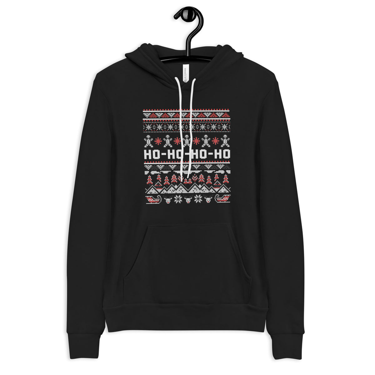 A black pullover hoodie hanging on a black hanger against a plain white background. The hoodie features a festive Christmas-themed graphic print on the chest with white drawstrings and a pattern of snowflakes, Santa silhouettes, and the text 'HO-HO-HO-HO-HO-HO-HO-HO-HO-HO' in white.