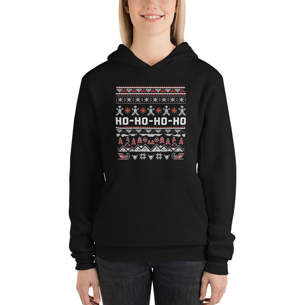 Get ready for festive fun with our Ho Ho Ho Christmas Ugly Sweater Pattern Hoodie! Featuring a playful design of jolly Santa faces, snowflakes, and Christmas trees, this cozy hoodie is perfect for holiday parties or cozy nights in. Made from soft, breathable fabric, it ensures warmth and comfort while spreading cheer. Stand out this season and celebrate in style with this must-have holiday essential!
