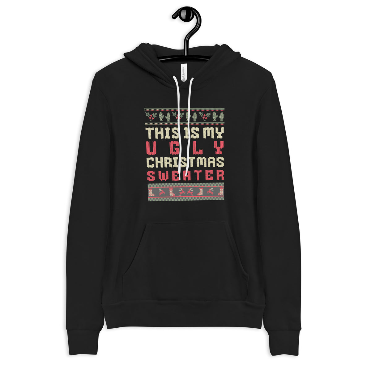 A black pullover hoodie hanging on a black hanger against a plain white background. The hoodie features a festive Christmas-themed graphic print on the chest with white drawstrings and a pattern of snowflakes, Santa silhouettes, and the text 'HO-HO-HO-HO-HO-HO-HO-HO-HO-HO' in white.