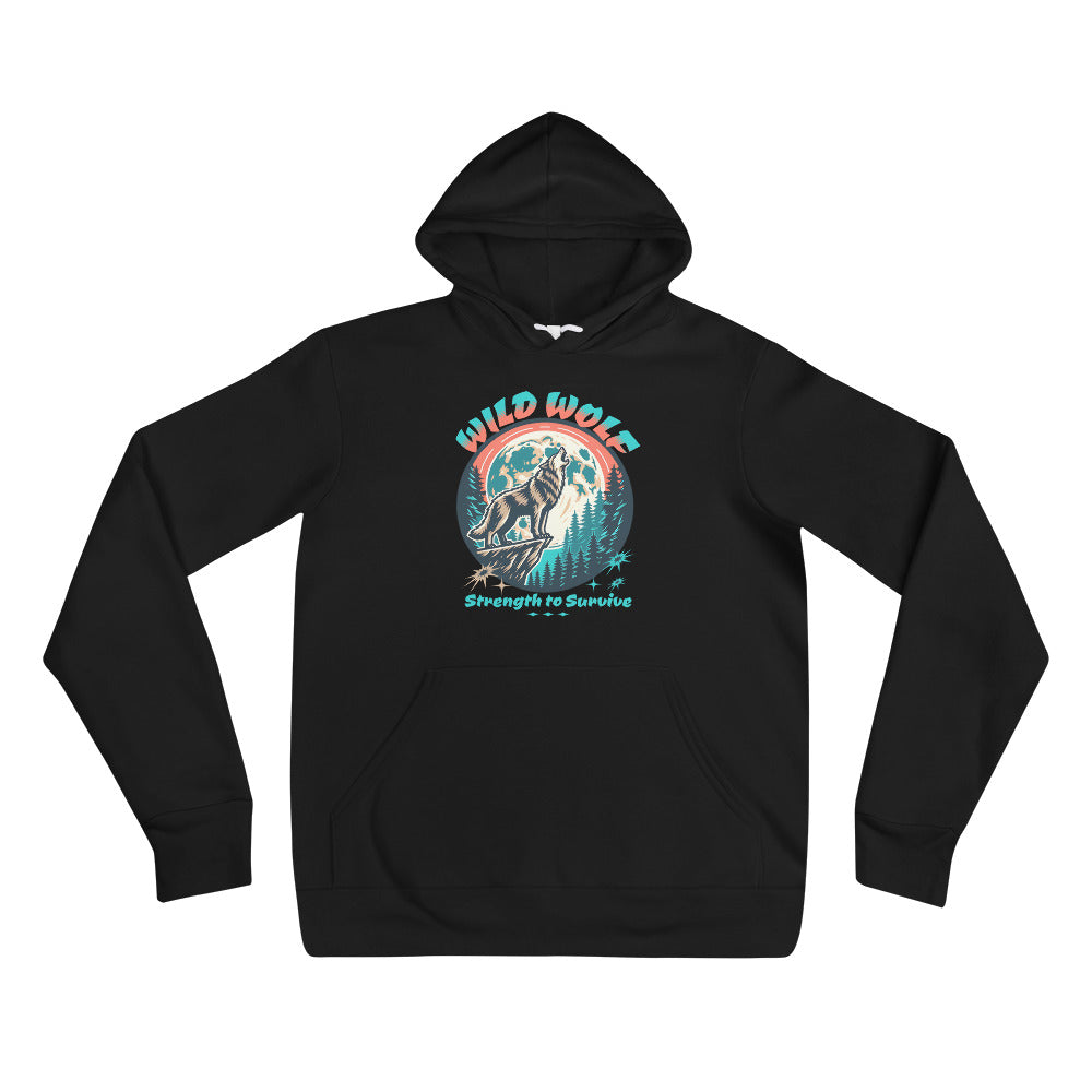 A black pullover hoodie with a colorful graphic on the chest showing a wolf howling at a full moon, with the text 'WILD WOLF' and 'Strength to Survive'.
