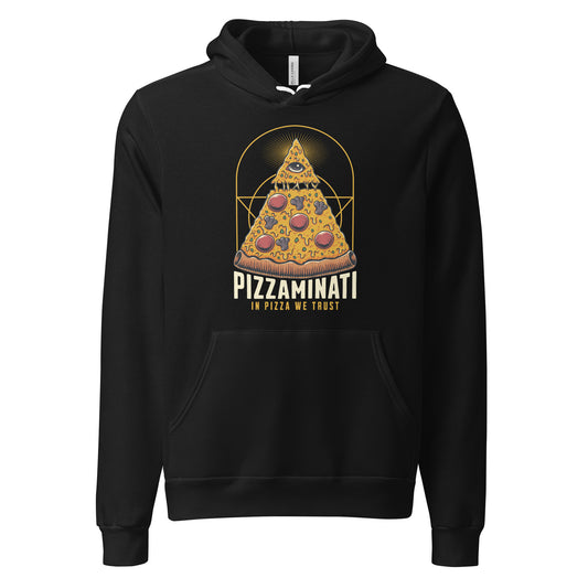 Embrace the delicious mystery of the Pizza Illuminati with our "In Pizza We Trust" graphic hoodie! Crafted for comfort, this stylish piece features a bold design that celebrates your love for pizza and the secret society behind it. Perfect for cozy nights in or casual outings, this hoodie is a must-have for pizza enthusiasts. Wear it with pride and let everyone know where your loyalties lie!