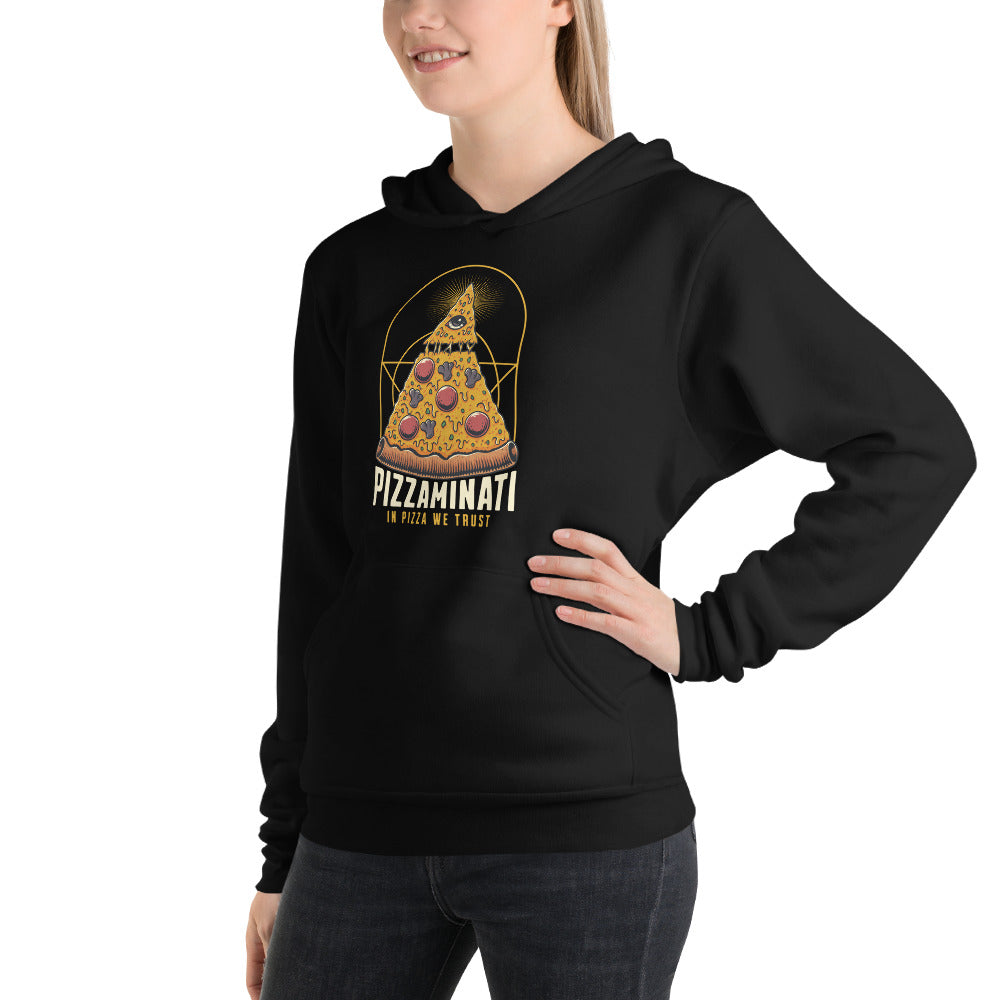 Buy Pizza Illuminati: In Pizza We Trust Graphic Hoodie Sale—grab a bold, comfortable hoodie with a playful pizza-inspired design today.