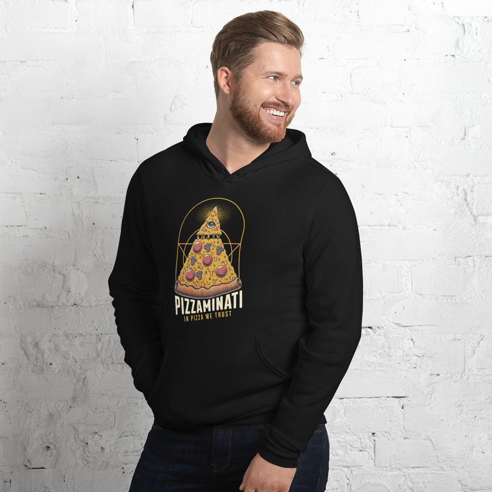 Shop the Buy Pizza Illuminati: In Pizza We Trust Graphic Hoodie Sale for a cozy statement layer made for pizza lovers and streetwear fans.