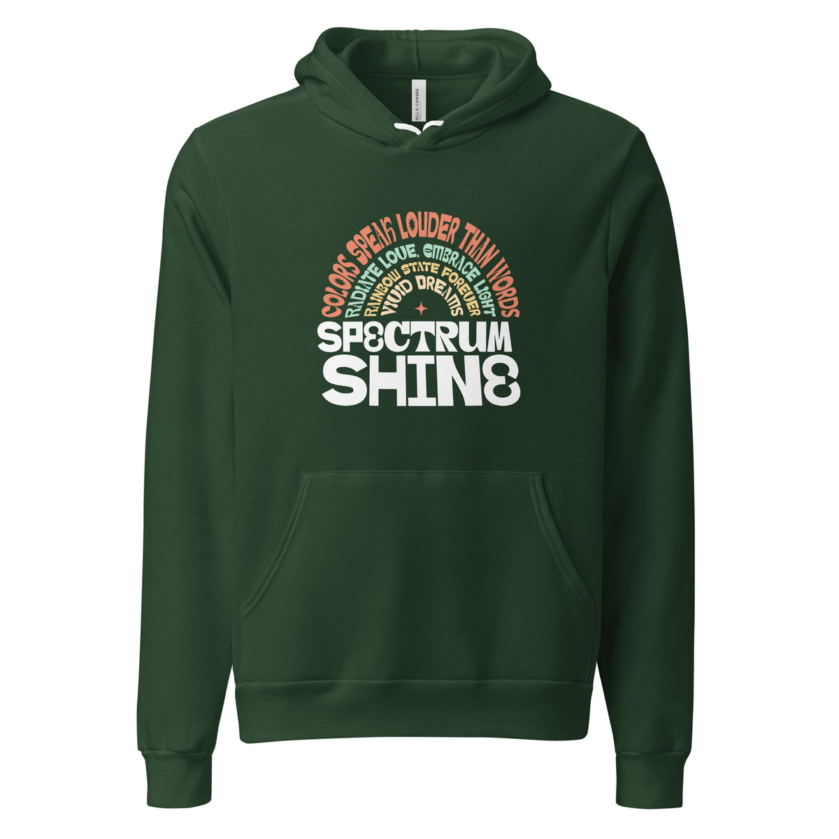 A dark green pullover hoodie with a graphic print on the chest reading 'SPECTRUM SHINE' in white, with smaller orange and yellow text above it, shown on a plain white background.