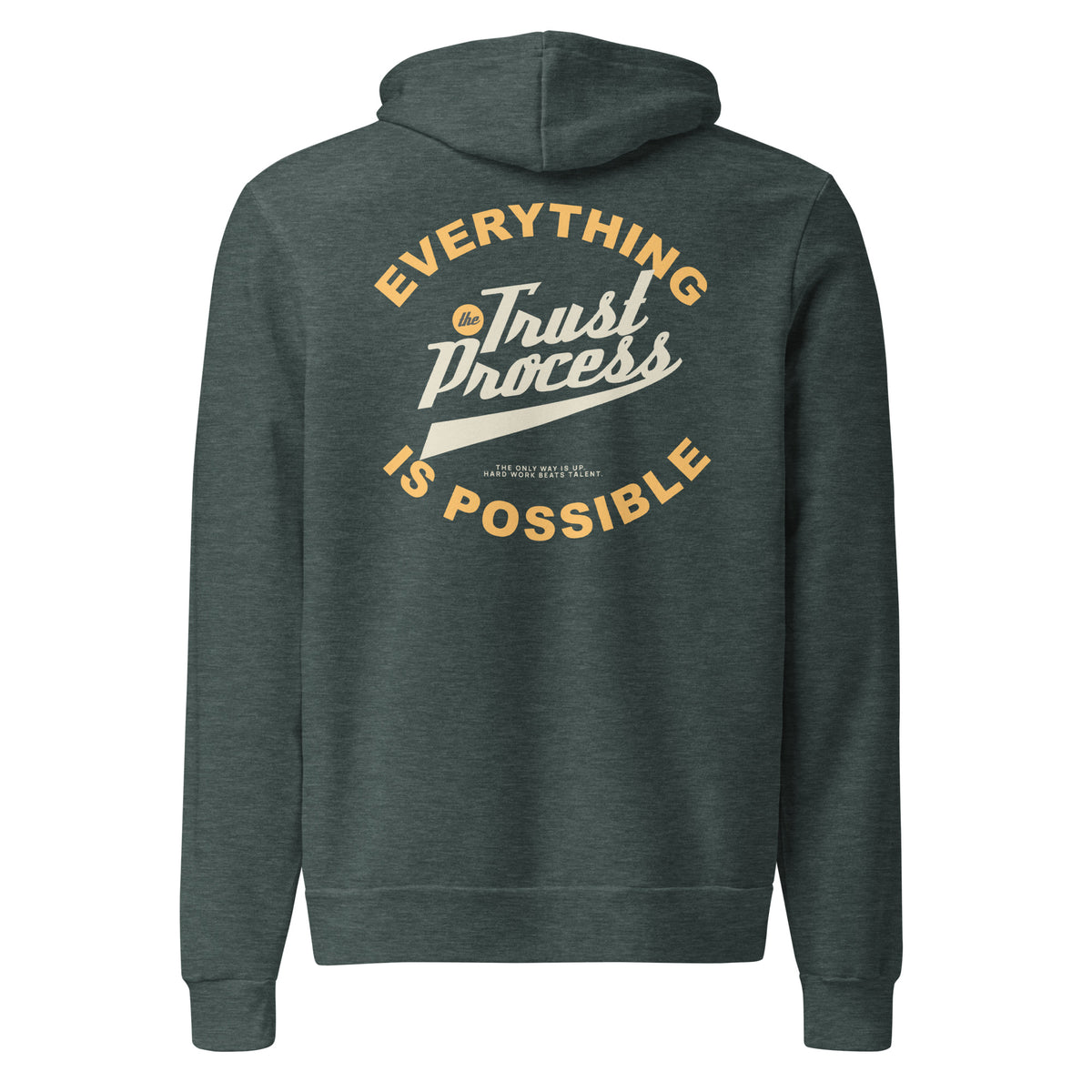 A dark heather gray hoodie shown from the back, featuring a large graphic print in yellow and off-white that reads 'EVERYTHING Trust Process IS POSSIBLE'.