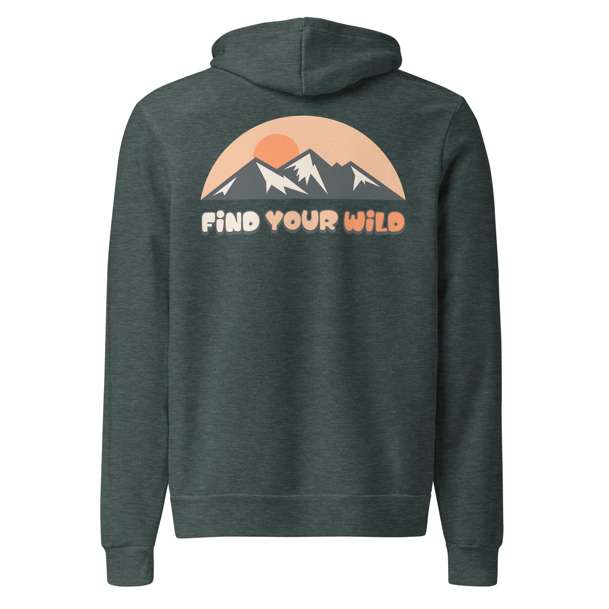 A dark heather gray hoodie shown from the back, featuring a graphic of a mountain range, a retro-style orange sun, and the text 'FIND YOUR WILD' in orange and white.