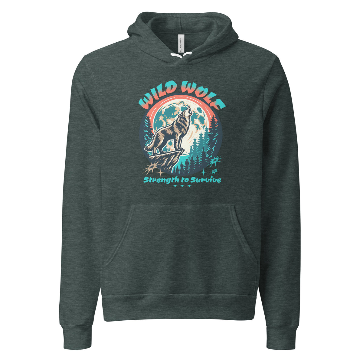A dark heather green hoodie featuring a colorful graphic of a howling wolf in front of a full moon and pine trees, with the text 'WILD WOLF' and 'Strength to Survive'.