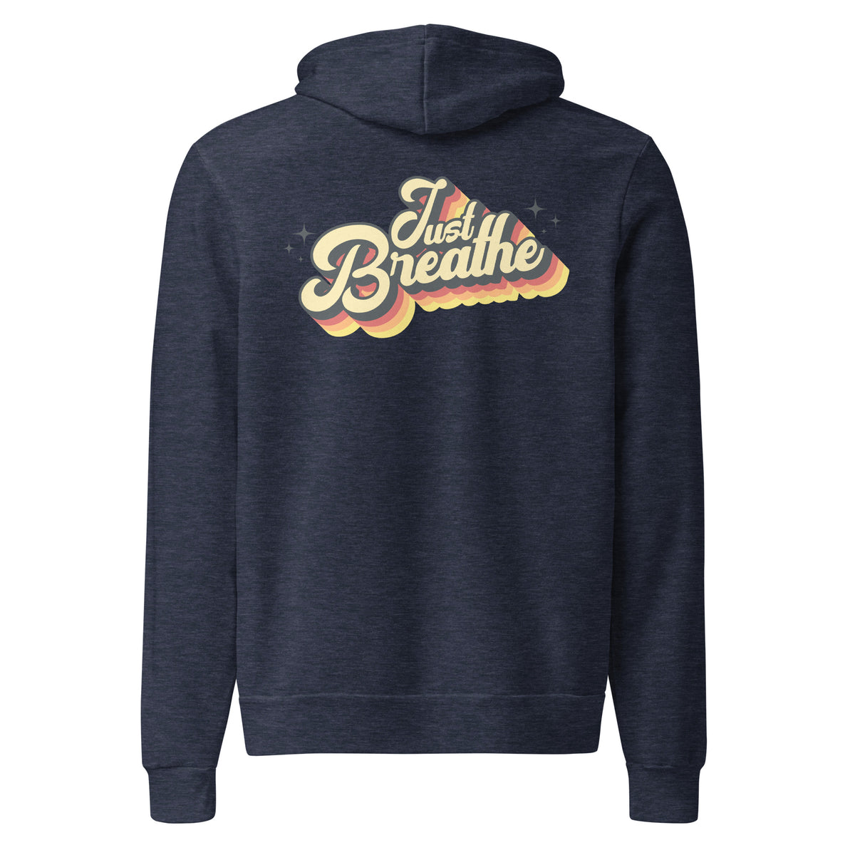 A navy blue heather hoodie shown from the back, featuring a retro-style graphic with the words 'Just Breathe' in cream and yellow over a wavy orange and yellow cloud shape.