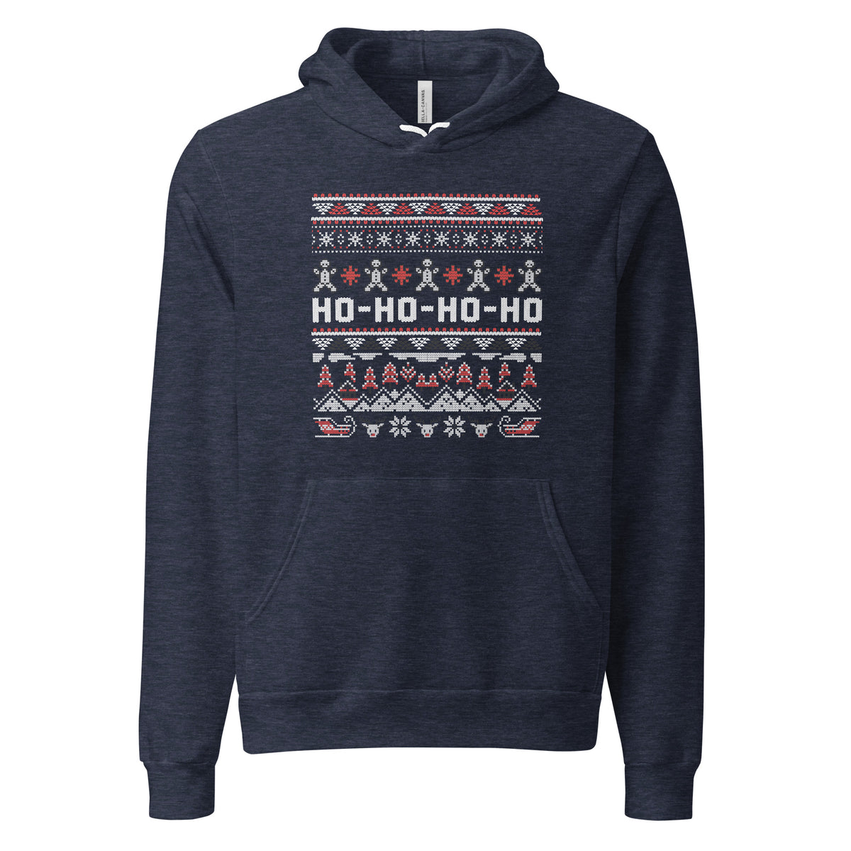 A navy blue heather pullover hoodie featuring a festive Christmas sweater graphic on the chest with the text 'HO-HO-HO-HO' in white, decorated with red and white holiday patterns.