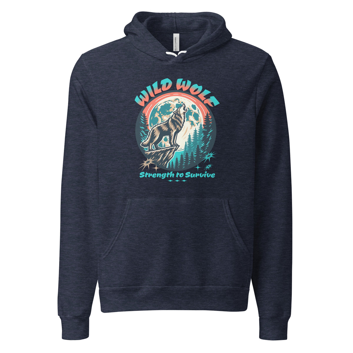 A navy blue heather pullover hoodie with a graphic on the chest showing a wolf howling at a full moon, with the text 'WILD WOLF' and 'Strength to Survive'.
